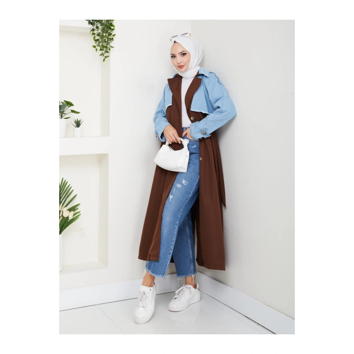 KADIN DENİM ( KOT ) DETAYLI TRENÇKOT ASTARSIZ