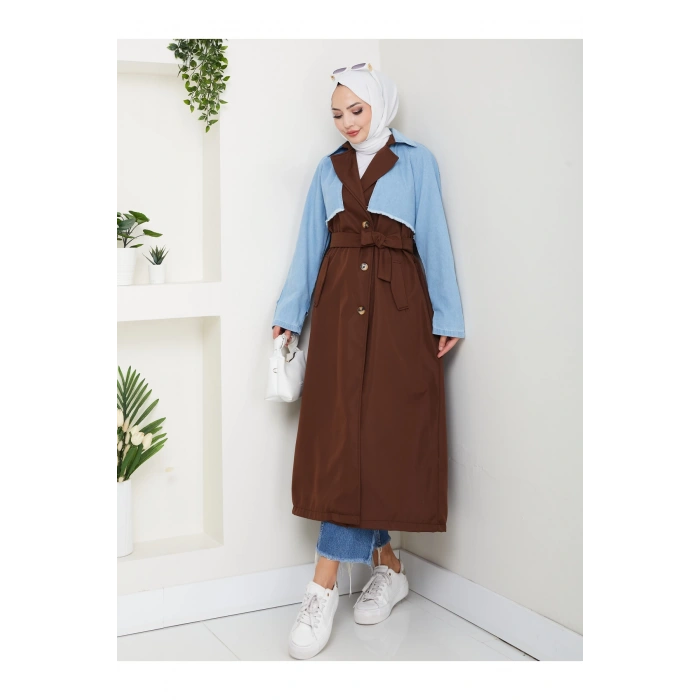 KADIN DENİM ( KOT ) DETAYLI TRENÇKOT ASTARSIZ