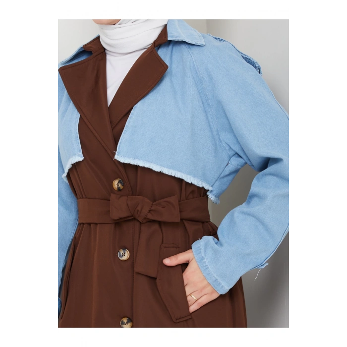 KADIN DENİM ( KOT ) DETAYLI TRENÇKOT ASTARSIZ