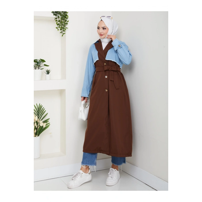 KADIN DENİM ( KOT ) DETAYLI TRENÇKOT ASTARSIZ