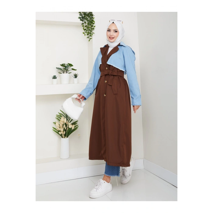 KADIN DENİM ( KOT ) DETAYLI TRENÇKOT ASTARSIZ