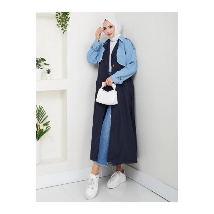 KADIN DENİM ( KOT ) DETAYLI TRENÇKOT ASTARSIZ