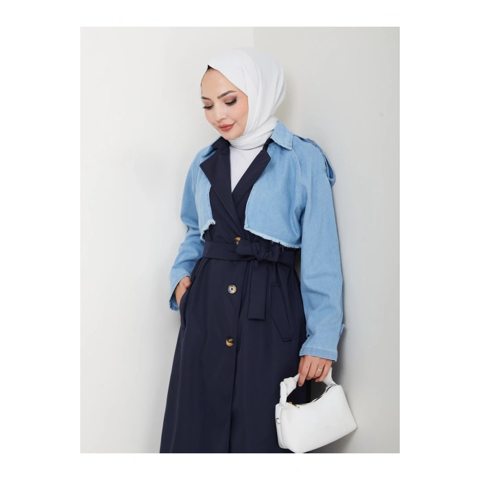 KADIN DENİM ( KOT ) DETAYLI TRENÇKOT ASTARSIZ