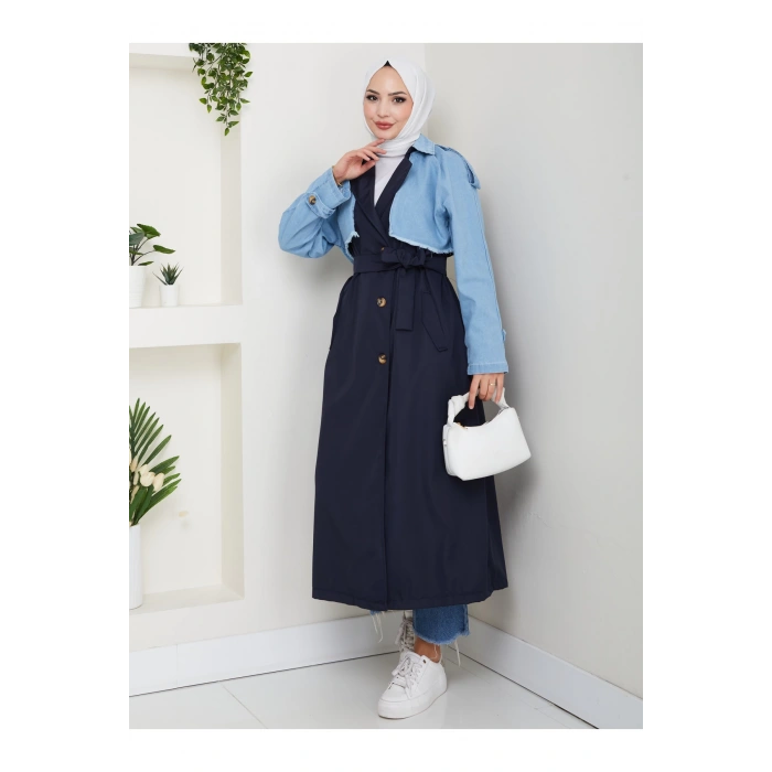 KADIN DENİM ( KOT ) DETAYLI TRENÇKOT ASTARSIZ