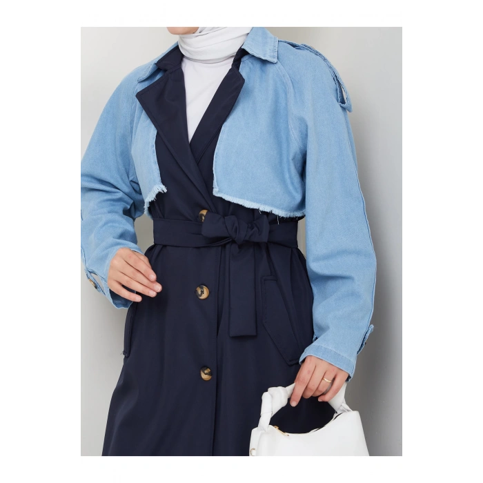 KADIN DENİM ( KOT ) DETAYLI TRENÇKOT ASTARSIZ