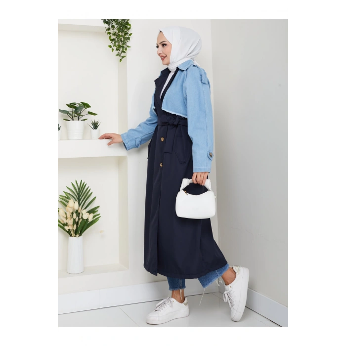 KADIN DENİM ( KOT ) DETAYLI TRENÇKOT ASTARSIZ