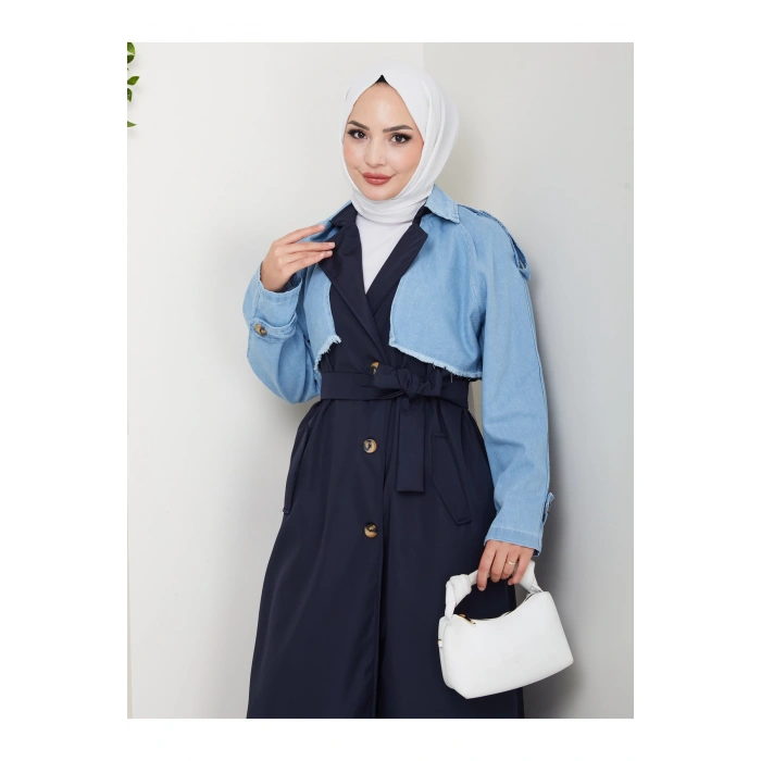 KADIN DENİM ( KOT ) DETAYLI TRENÇKOT ASTARSIZ