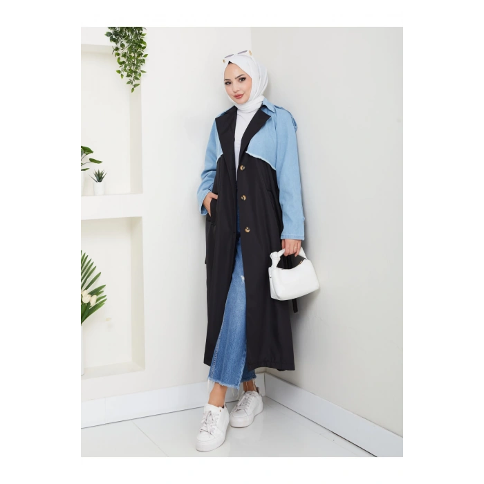 KADIN DENİM ( KOT ) DETAYLI TRENÇKOT ASTARSIZ