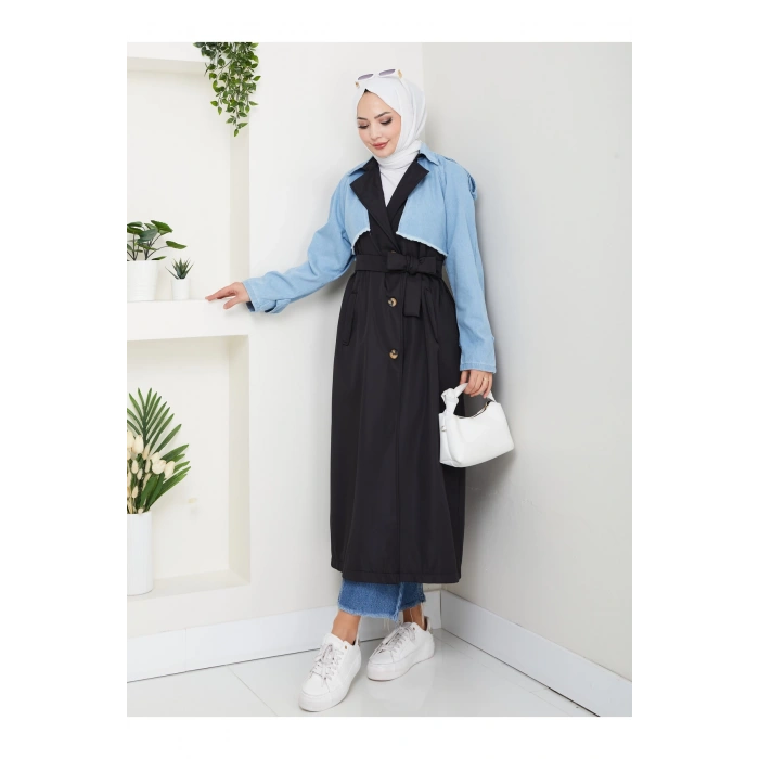 KADIN DENİM ( KOT ) DETAYLI TRENÇKOT ASTARSIZ