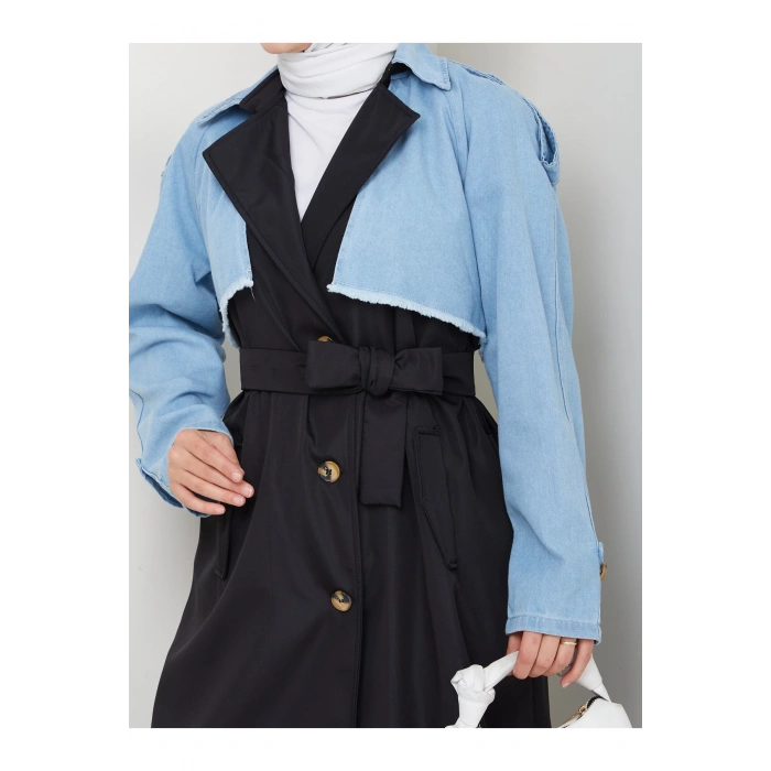 KADIN DENİM ( KOT ) DETAYLI TRENÇKOT ASTARSIZ