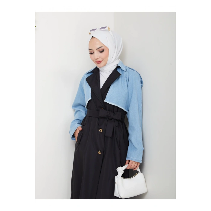 KADIN DENİM ( KOT ) DETAYLI TRENÇKOT ASTARSIZ