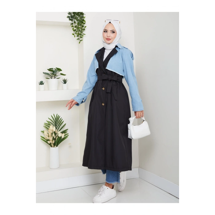 KADIN DENİM ( KOT ) DETAYLI TRENÇKOT ASTARSIZ