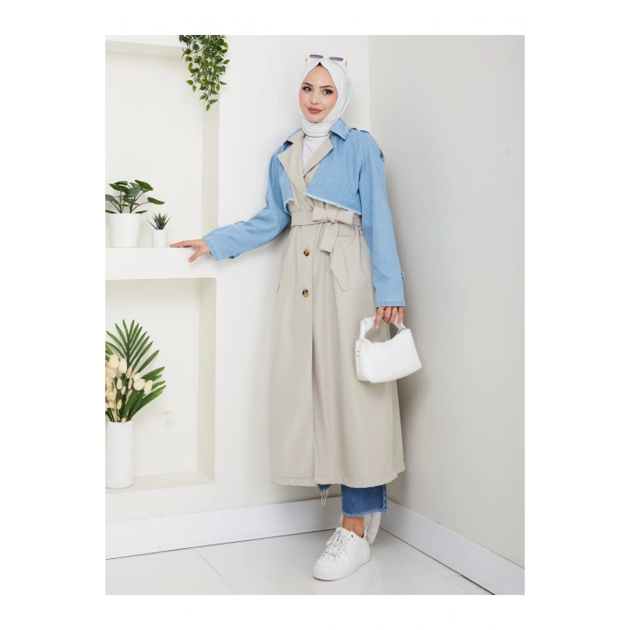 KADIN DENİM ( KOT ) DETAYLI TRENÇKOT ASTARSIZ