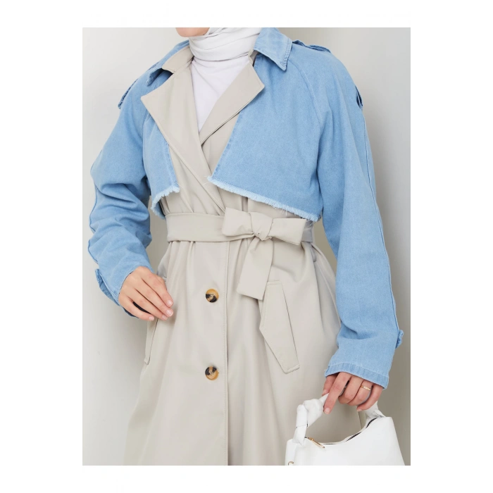 KADIN DENİM ( KOT ) DETAYLI TRENÇKOT ASTARSIZ