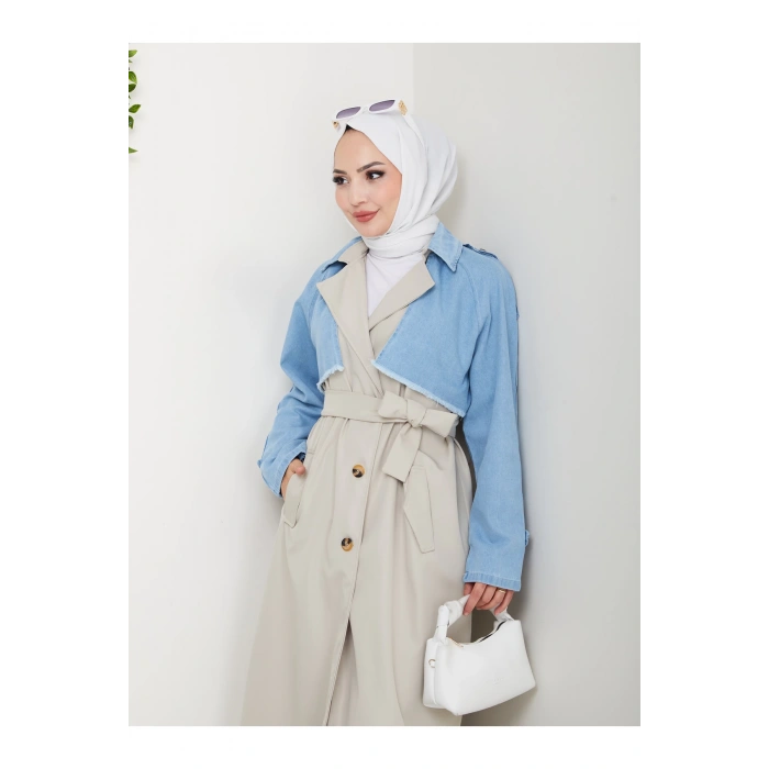 KADIN DENİM ( KOT ) DETAYLI TRENÇKOT ASTARSIZ