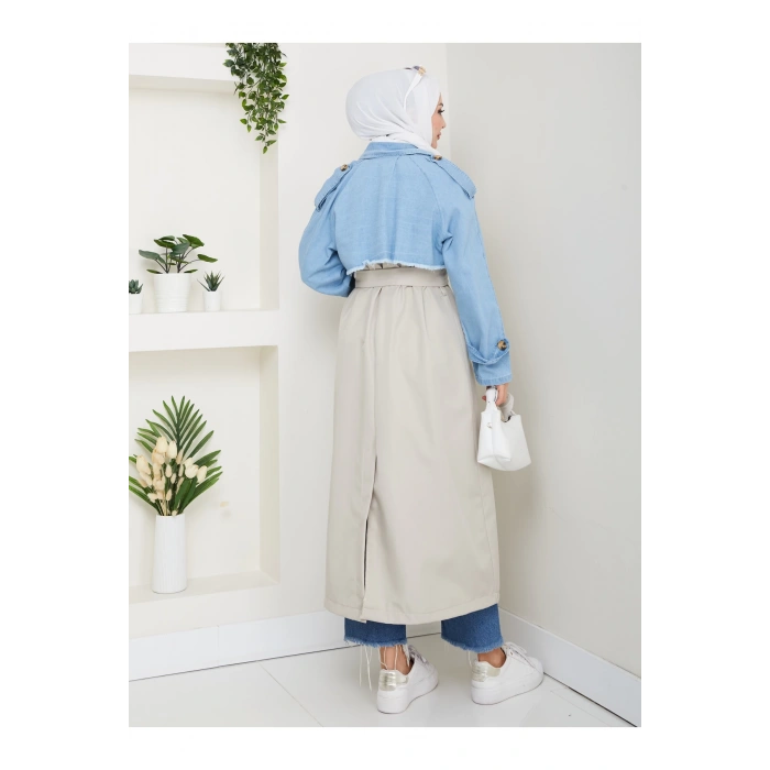 KADIN DENİM ( KOT ) DETAYLI TRENÇKOT ASTARSIZ