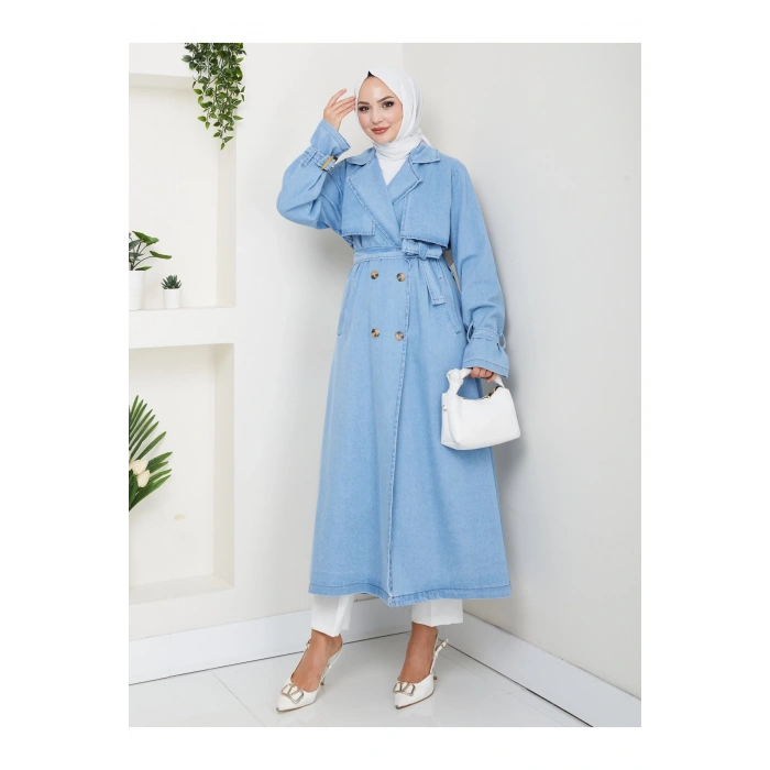 KADIN KRUVAZE YAKA DENİM TRENÇKOT UZUN 125 CM KOT KUMAŞ