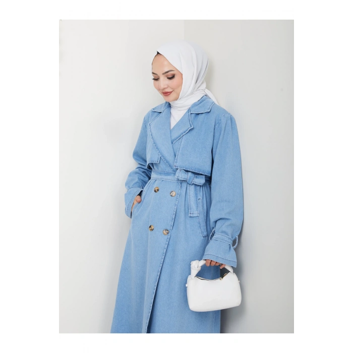 KADIN KRUVAZE YAKA DENİM TRENÇKOT UZUN 125 CM KOT KUMAŞ