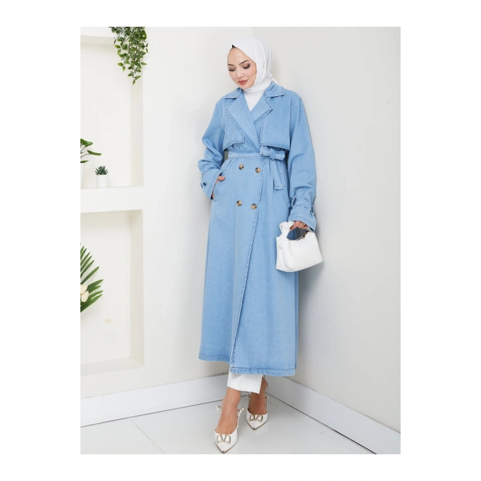 KADIN KRUVAZE YAKA DENİM TRENÇKOT UZUN 125 CM KOT KUMAŞ