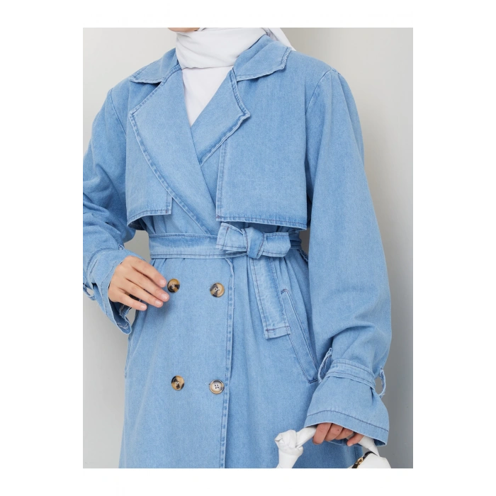 KADIN KRUVAZE YAKA DENİM TRENÇKOT UZUN 125 CM KOT KUMAŞ