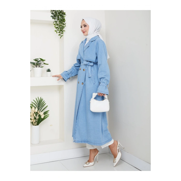 KADIN KRUVAZE YAKA DENİM TRENÇKOT UZUN 125 CM KOT KUMAŞ