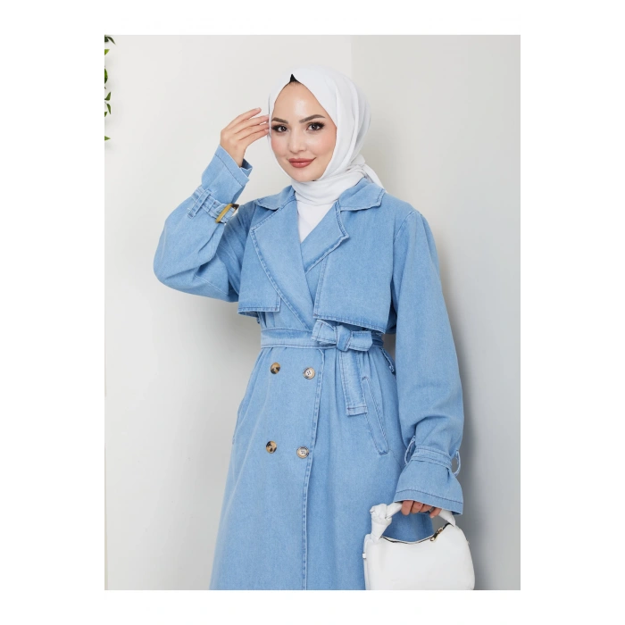 KADIN KRUVAZE YAKA DENİM TRENÇKOT UZUN 125 CM KOT KUMAŞ