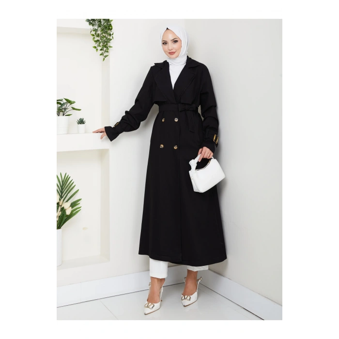 KADIN KRUVAZE YAKA DENİM TRENÇKOT UZUN 125 CM KOT KUMAŞ