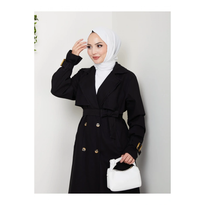 KADIN KRUVAZE YAKA DENİM TRENÇKOT UZUN 125 CM KOT KUMAŞ