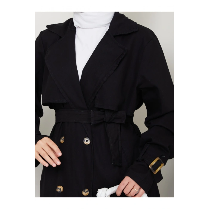 KADIN KRUVAZE YAKA DENİM TRENÇKOT UZUN 125 CM KOT KUMAŞ