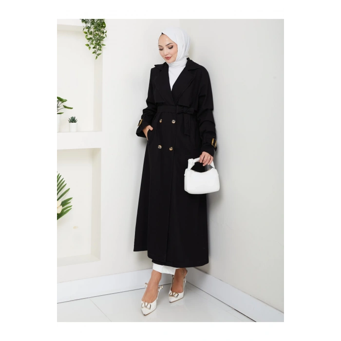 KADIN KRUVAZE YAKA DENİM TRENÇKOT UZUN 125 CM KOT KUMAŞ