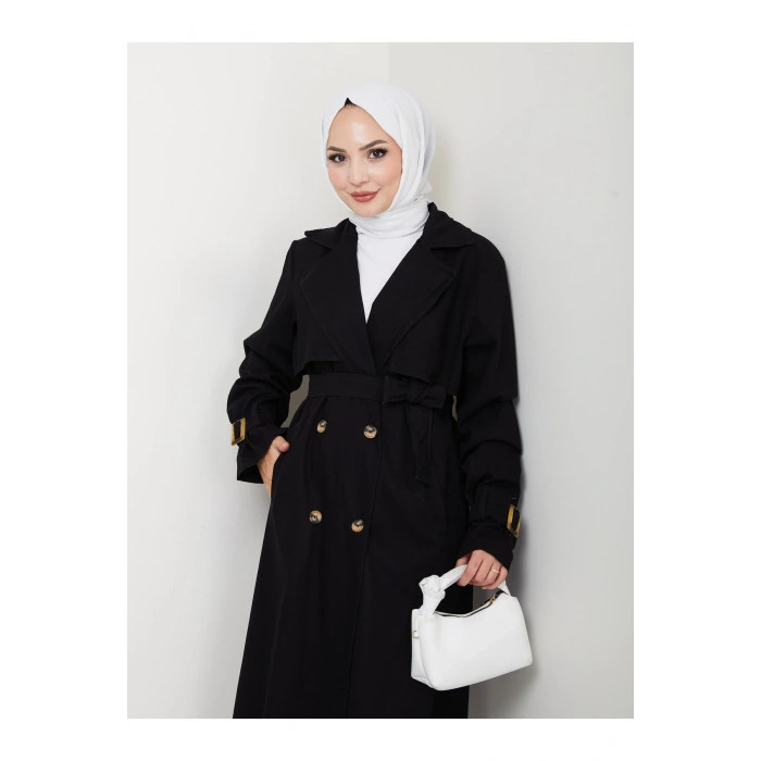 KADIN KRUVAZE YAKA DENİM TRENÇKOT UZUN 125 CM KOT KUMAŞ