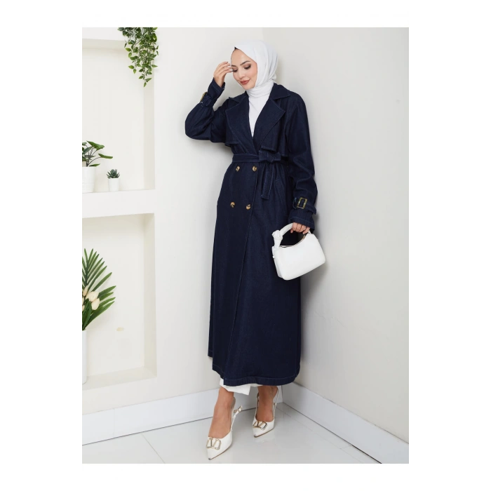 KADIN KRUVAZE YAKA DENİM TRENÇKOT UZUN 125 CM KOT KUMAŞ