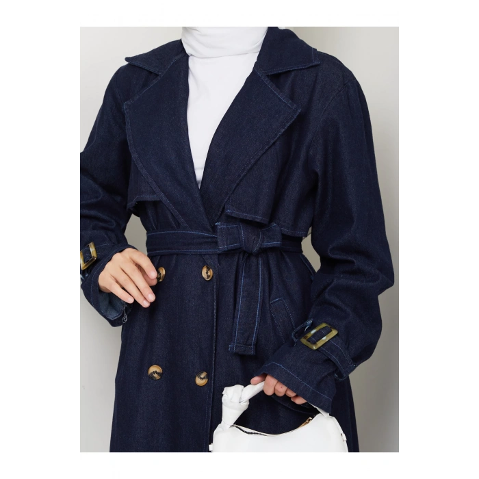 KADIN KRUVAZE YAKA DENİM TRENÇKOT UZUN 125 CM KOT KUMAŞ