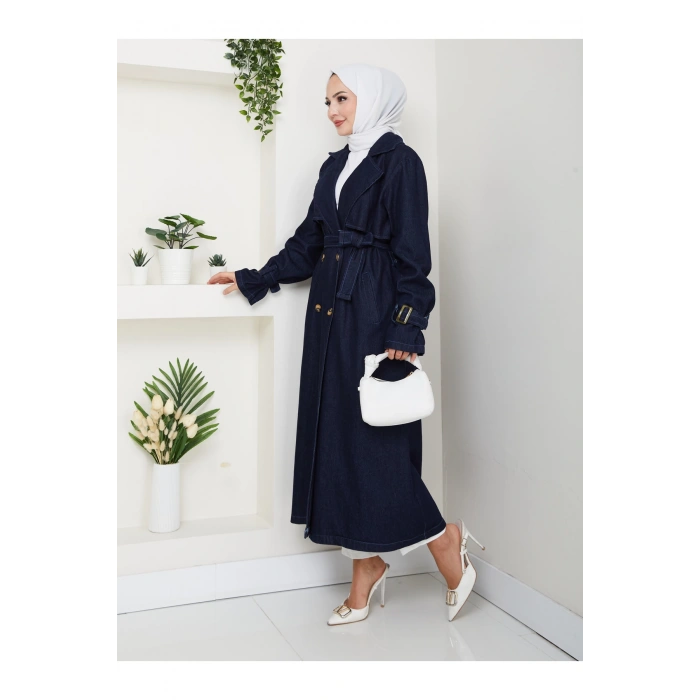 KADIN KRUVAZE YAKA DENİM TRENÇKOT UZUN 125 CM KOT KUMAŞ