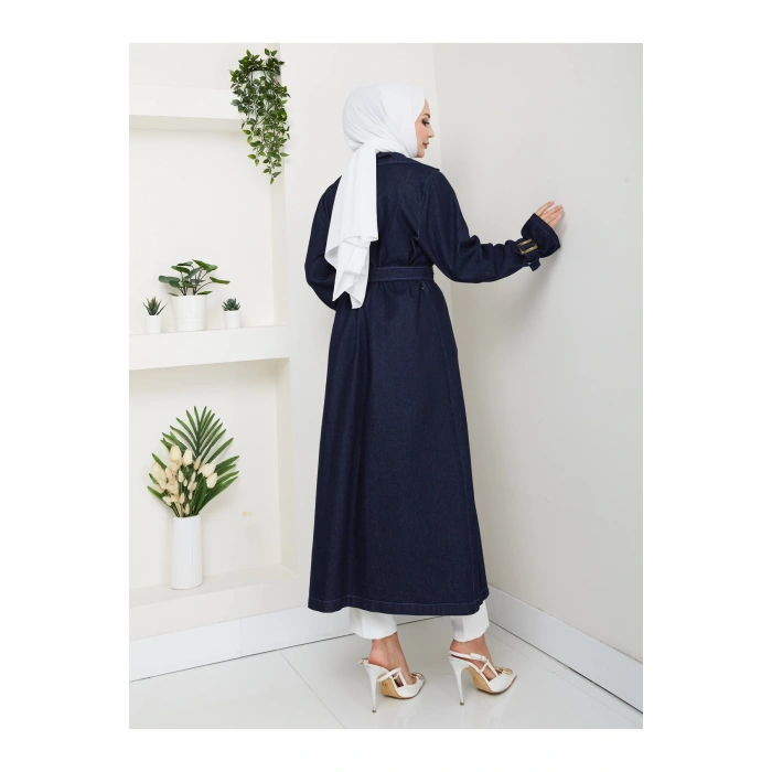 KADIN KRUVAZE YAKA DENİM TRENÇKOT UZUN 125 CM KOT KUMAŞ