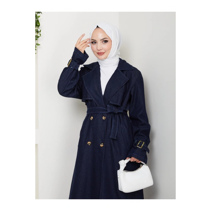 KADIN KRUVAZE YAKA DENİM TRENÇKOT UZUN 125 CM KOT KUMAŞ