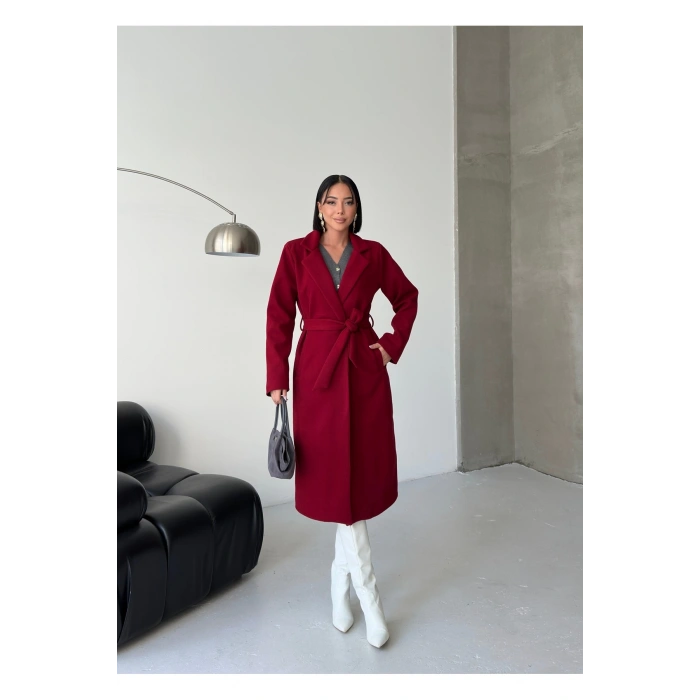 KADIN KUŞAKLI CEPLİ ASTARLI UZUN KAŞE KABAN [ TÜYLENMEZ ]