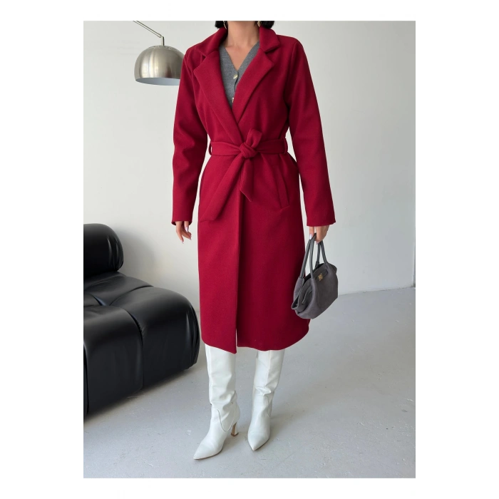 KADIN KUŞAKLI CEPLİ ASTARLI UZUN KAŞE KABAN [ TÜYLENMEZ ]