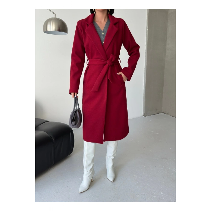 KADIN KUŞAKLI CEPLİ ASTARLI UZUN KAŞE KABAN [ TÜYLENMEZ ]