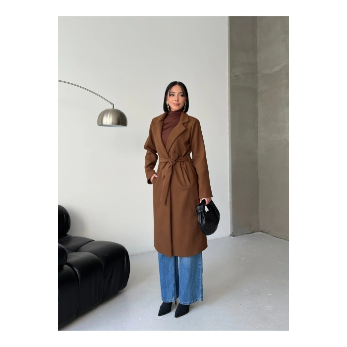 KADIN KUŞAKLI CEPLİ ASTARLI UZUN KAŞE KABAN [ TÜYLENMEZ ]