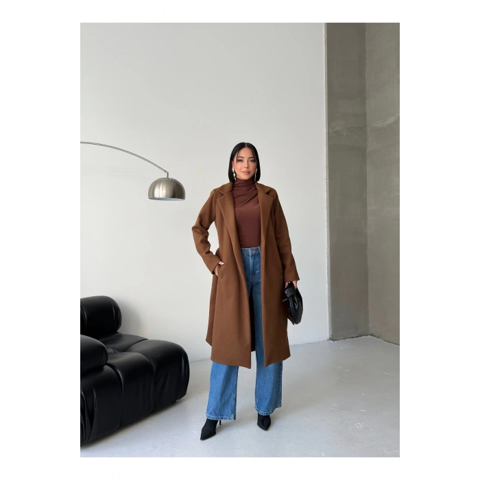 KADIN KUŞAKLI CEPLİ ASTARLI UZUN KAŞE KABAN [ TÜYLENMEZ ]