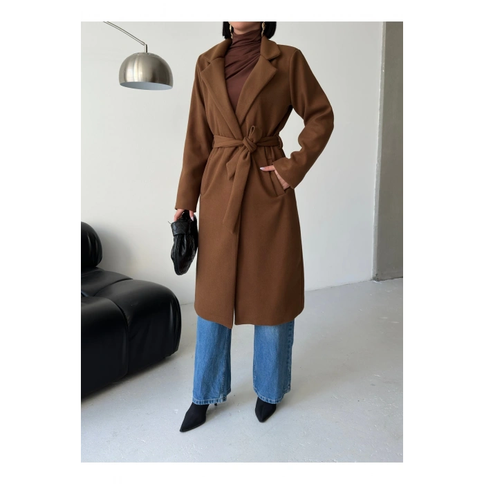 KADIN KUŞAKLI CEPLİ ASTARLI UZUN KAŞE KABAN [ TÜYLENMEZ ]