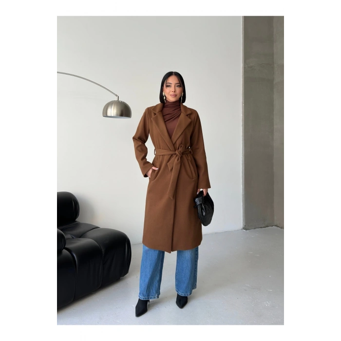 KADIN KUŞAKLI CEPLİ ASTARLI UZUN KAŞE KABAN [ TÜYLENMEZ ]