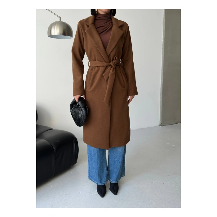 KADIN KUŞAKLI CEPLİ ASTARLI UZUN KAŞE KABAN [ TÜYLENMEZ ]