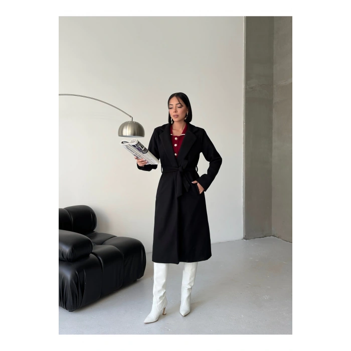 KADIN KUŞAKLI CEPLİ ASTARLI UZUN KAŞE KABAN [ TÜYLENMEZ ]