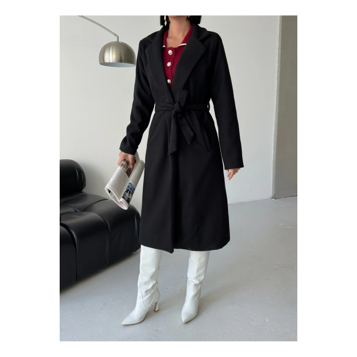 KADIN KUŞAKLI CEPLİ ASTARLI UZUN KAŞE KABAN [ TÜYLENMEZ ]