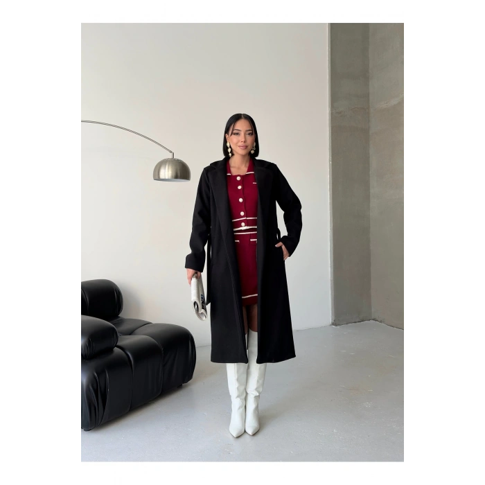 KADIN KUŞAKLI CEPLİ ASTARLI UZUN KAŞE KABAN [ TÜYLENMEZ ]