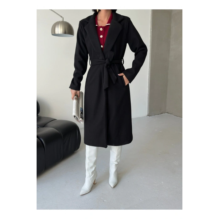 KADIN KUŞAKLI CEPLİ ASTARLI UZUN KAŞE KABAN [ TÜYLENMEZ ]