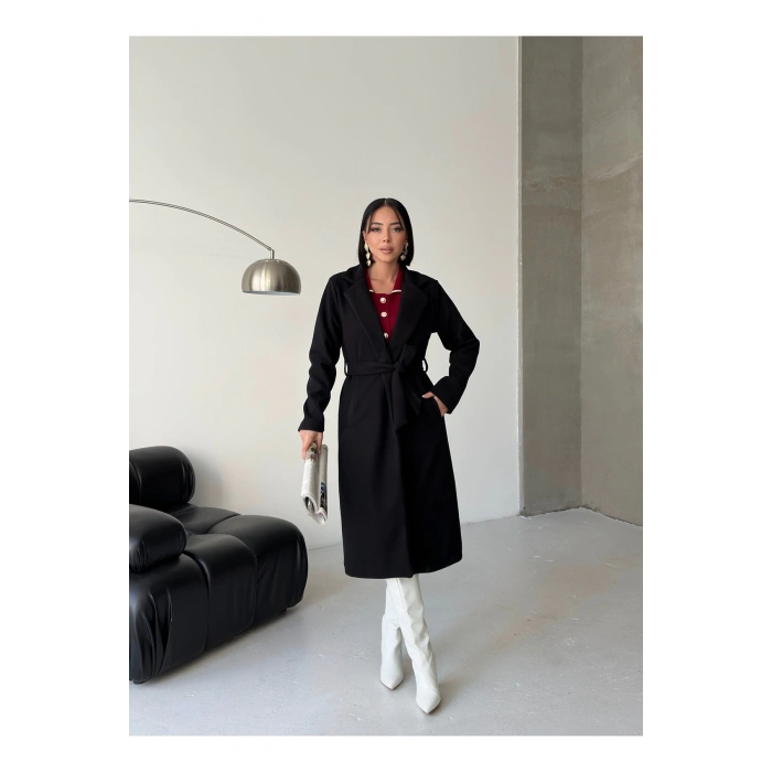 KADIN KUŞAKLI CEPLİ ASTARLI UZUN KAŞE KABAN [ TÜYLENMEZ ]