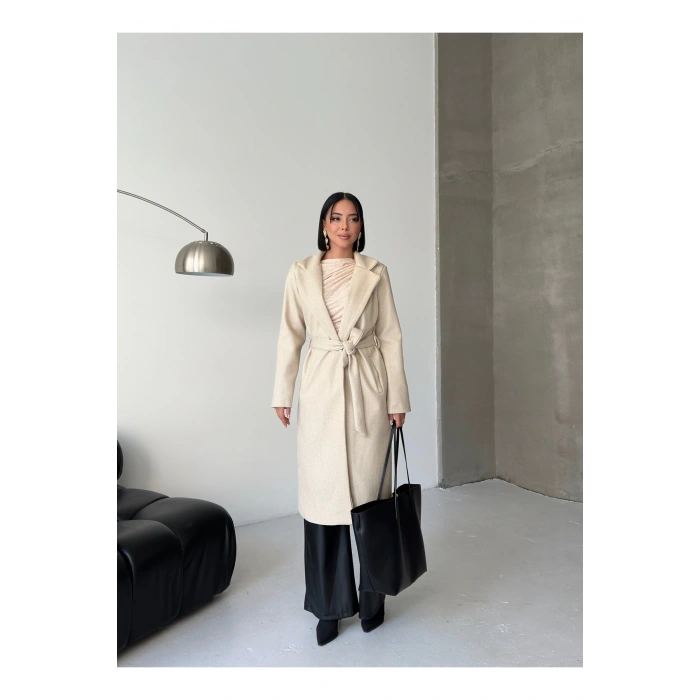 KADIN KUŞAKLI CEPLİ ASTARLI UZUN KAŞE KABAN [ TÜYLENMEZ ]